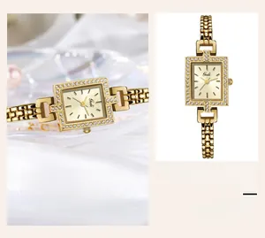 Detailed view of Gedi gold square watch featuring sparkling zircon bezel and metal strap