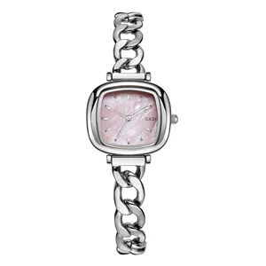 Montre élégante pour femme en acier argenté avec cadran carré en nacre rose