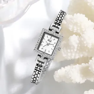 Elegant silver square quartz watch for women with diamond bezel and slim chain strap