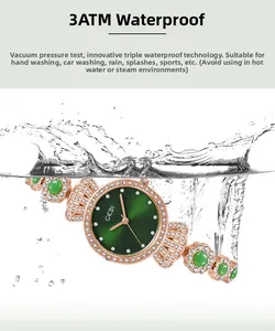 Detailansicht der GEDI Damenuhr 3ATM wasserdicht mit grünem Jade und Kristallen