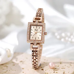 Elegant rose gold square dial quartz watch for women with sparkling crystal accents