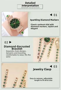Details von grünem Zifferblatt und roségoldenem Edelsteinarmband mit Schmuckschließe