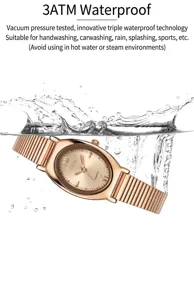 Gedetailleerd macro-overzicht van de 3ATM waterbestendigheid van het ovale roségouden horloge
