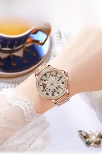 Macro detail of Gedi rose gold watch dial featuring crystal setting and starry镂空 design