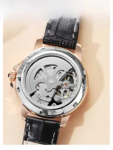 Macro view of automatic mechanical watch movement with skeleton case back and gears
