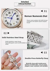 Détails du cadran à chiffres romains, bracelet en acier et boucle papillon