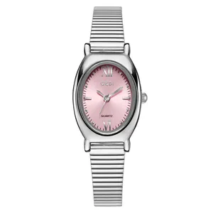 GEDI Vintage Oval Damenuhr aus Silberstahl mit einem strahlend rosa Zifferblatt