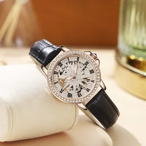 Gedi automatic skeleton watch for women with rose gold case and black leather strap