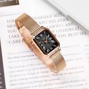 Elegant rose gold vintage square watch for women with black dial and Milanese mesh strap