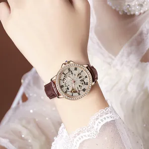 Elegant Gedi gold hollow skeleton automatic watch with stars and brown leather strap