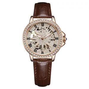 Luxury skeleton mechanical watch for women with rose gold case and brown leather strap