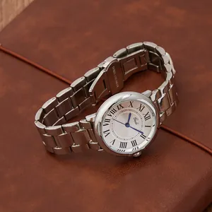 Elegante orologio da donna in acciaio argento con lancette blu e numeri romani