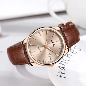 Montre à quartz GEDI classique avec cadran champagne et bracelet en cuir marron