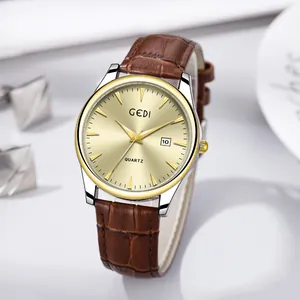 Montre à quartz en cuir classique avec cadran doré soleil et affichage de la date