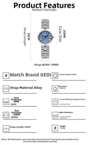 Detailed specs of the silver alloy watch with a blue dial and precise quartz movement