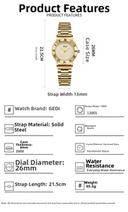 Detailed specifications chart of GEDI gold steel watch with 26mm case and water resistance