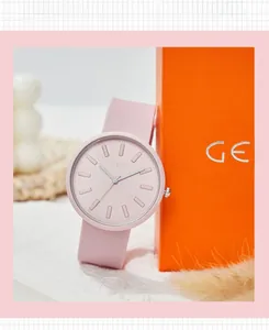 Close-up of pink quartz watch with silicone strap and GEDI orange gift box packaging