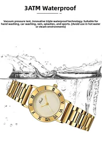 Close-up of golden steel watch featuring 3ATM water resistance with dynamic water splashes