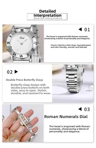 Detail view of silver stainless steel watch featuring roman dial and butterfly clasp