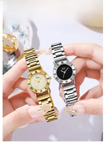 Classic silver and gold vintage steel band watches with black Roman numeral dial