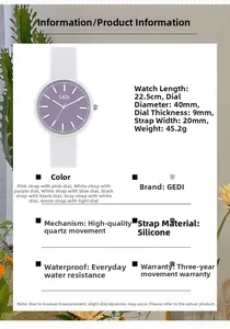 Detailed size chart of silicone quartz watch with 40mm purple dial and 22.5cm band