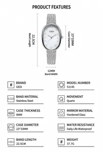 Spécifications détaillées de la montre à bracelet argenté et boîtier ovale 23x33mm