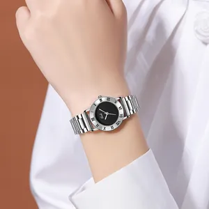 Minimalist silver stainless steel quartz watch with black dial and Roman numeral bezel