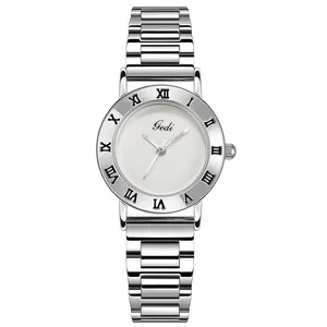 Elegant silver stainless steel quartz watch for women with Roman numerals and metal band