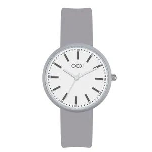 Minimalist GEDI quartz watch with grey silicone strap and white dial for women and students