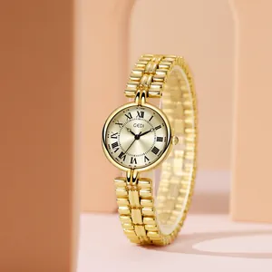 Elegant gold GEDI women's watch with Roman numeral dial on minimalist pink display