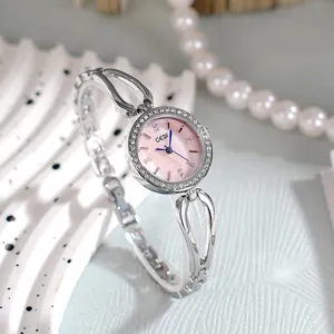 Elegant women's silver quartz watch with pink pearl dial and diamond-set bezel