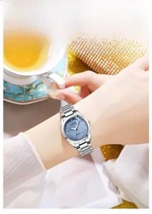 Elegant GEDI women's quartz watch with blue pearlescent dial and silver steel strap