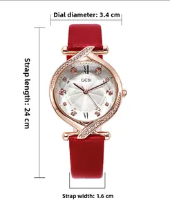 Dettaglio quadrante da 34mm oro rosa con lunetta in cristallo e misure del cinturino rosso