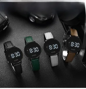 Minimalist digital sport watches with colorful leather straps on a dark textured background