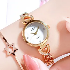 GEDI Luxury Women's Quartz Watch Rhinestone Inlaid Alloy Steel Band Waterproof Fashion Wristwatch With Hexagram Bracelet Jewelry Set For Women