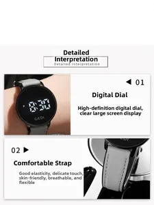 Detail of GEDI sports watch featuring a high-definition digital display and gray soft strap