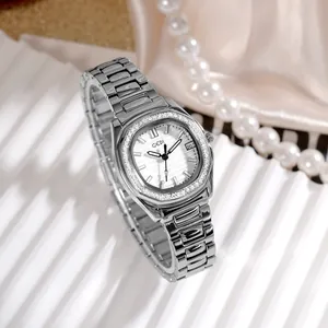 GEDI Luxus Damen Quarzuhr Mode Strass Armbanduhr Edelstahlarmband Achteckige Lünette Kalender Wasserdicht Elegant Schmuck Geschenk