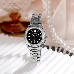 Luxuriöse Damen Quarzuhr mit silbernem Stahlband, Diamantlünette und schwarzem Zifferblatt