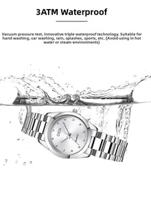 Detailed view of silver GEDI watch with 3ATM water resistance shown in splashing water