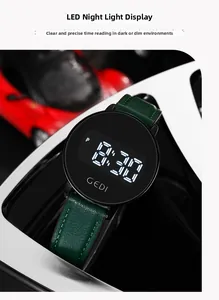 Detail of LED luminous digital watch with dark green textured strap and red model car