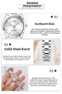 Detail of GEDI quartz watch featuring silver sunray dial and steel butterfly buckle
