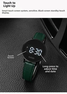 Macro view of GEDI digital watch showing the white LED display and dark green leather strap