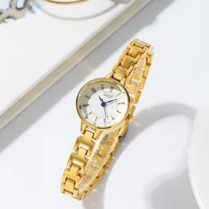 Elegant gold chain strap watch for women with small white dial and blue hands