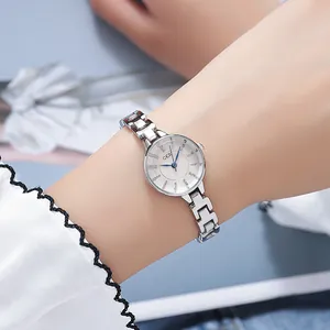 Elegant silver stainless steel ladies watch with white dial and stylish blue hands