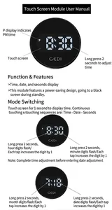 Detail guide of LED digital sports watch showing touch screen interface and time display