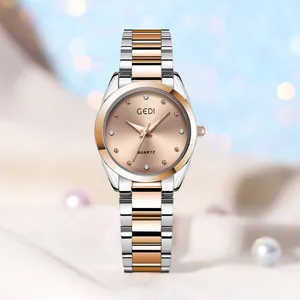 Elegant GEDI women's quartz watch with bicolor steel strap and rose gold sunray dial