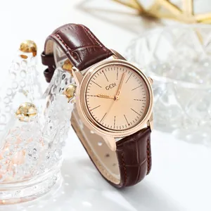 GEDI Minimalist Luxury Women Quartz Watch Rose Gold Alloy Case Genuine Leather Strap Water Resistant Elegant Ladies Wristwatch