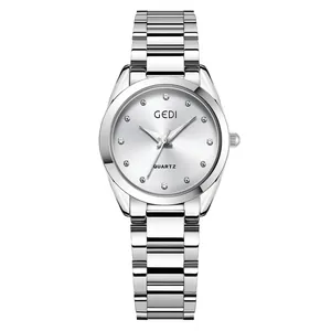 Elegant silver stainless steel quartz watch for women with crystal hour markers by Gedi