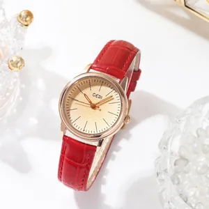 Elegant women's quartz watch with red crocodile leather strap and rose gold round case