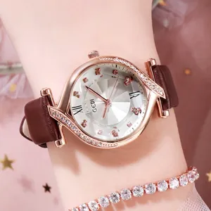 Elegante orologio da donna al quarzo oro rosa con lunetta di diamanti e cinturino marrone